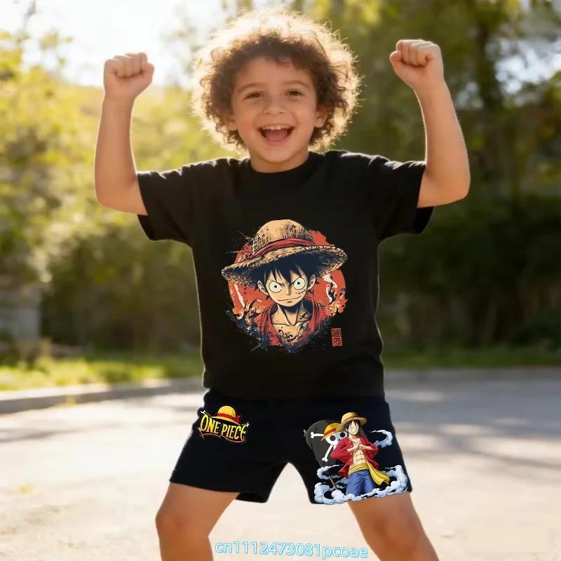 Children's Polyester Short-sleeved Shorts Set with "One Piece" Cartoon Print Boy's Sports Shirt for Summer T-shirt Set of 2 Pieces