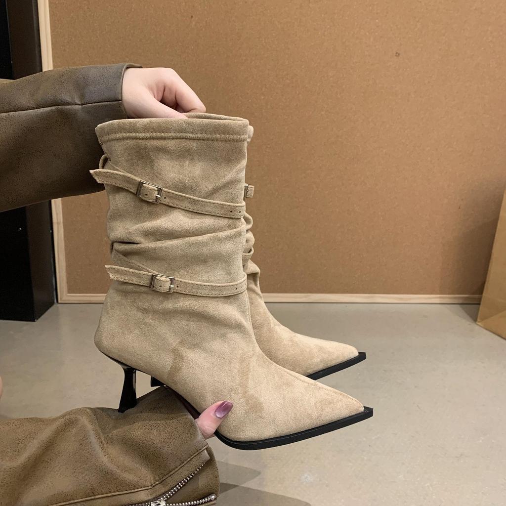 Suede Pointed Heels Pleated Pile Boots 2025 Belt Buckle Skinny Boots