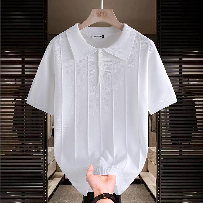 Men s Brown Vertical Rib Knit Short Sleeve Polo Shirt M белый