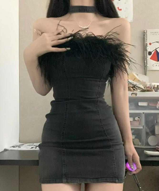 Letní dámské džínové minišaty Jarní večerní večírek Bodycon šaty bez zad s peřím