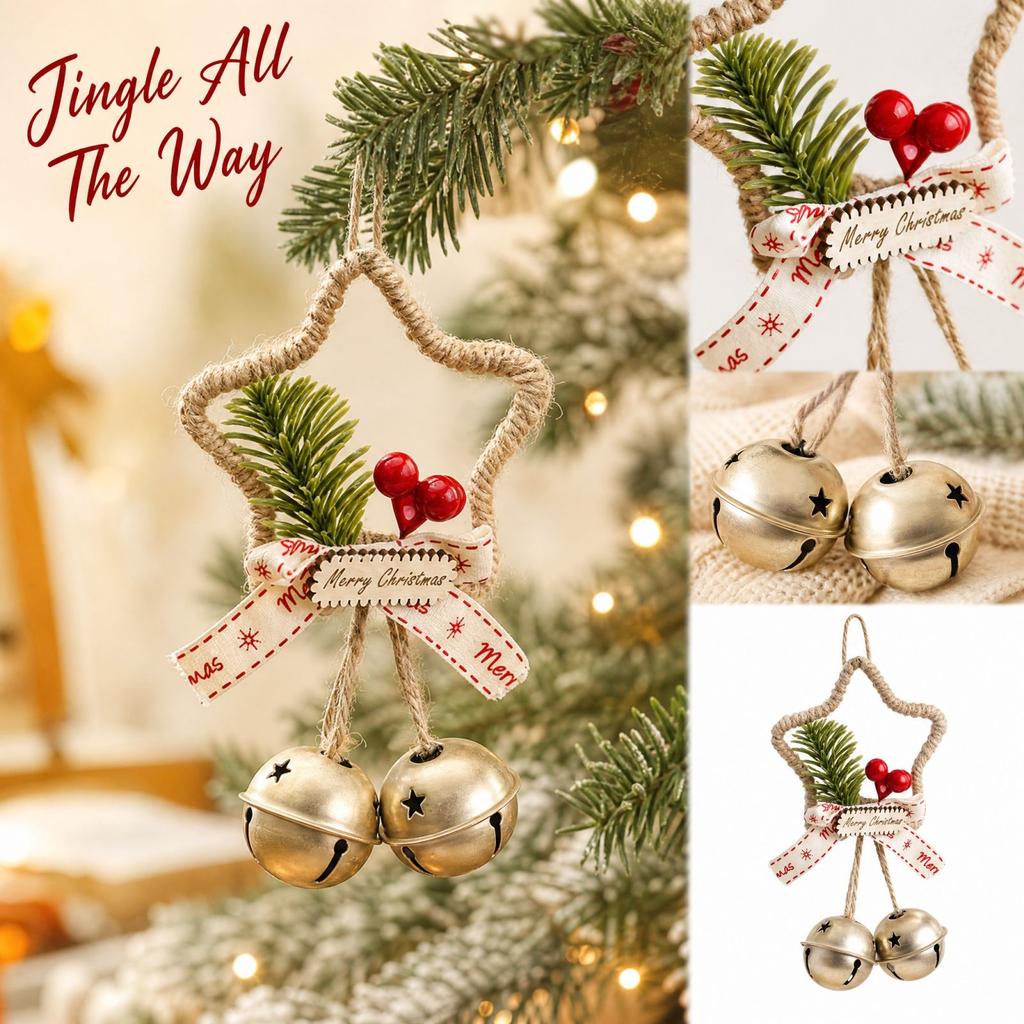 Christmas Star Bell Ornament with Hanging Decoration for Tree, Wall, Door - Five Pointed Star Bell Pendant for Holiday Home Decor