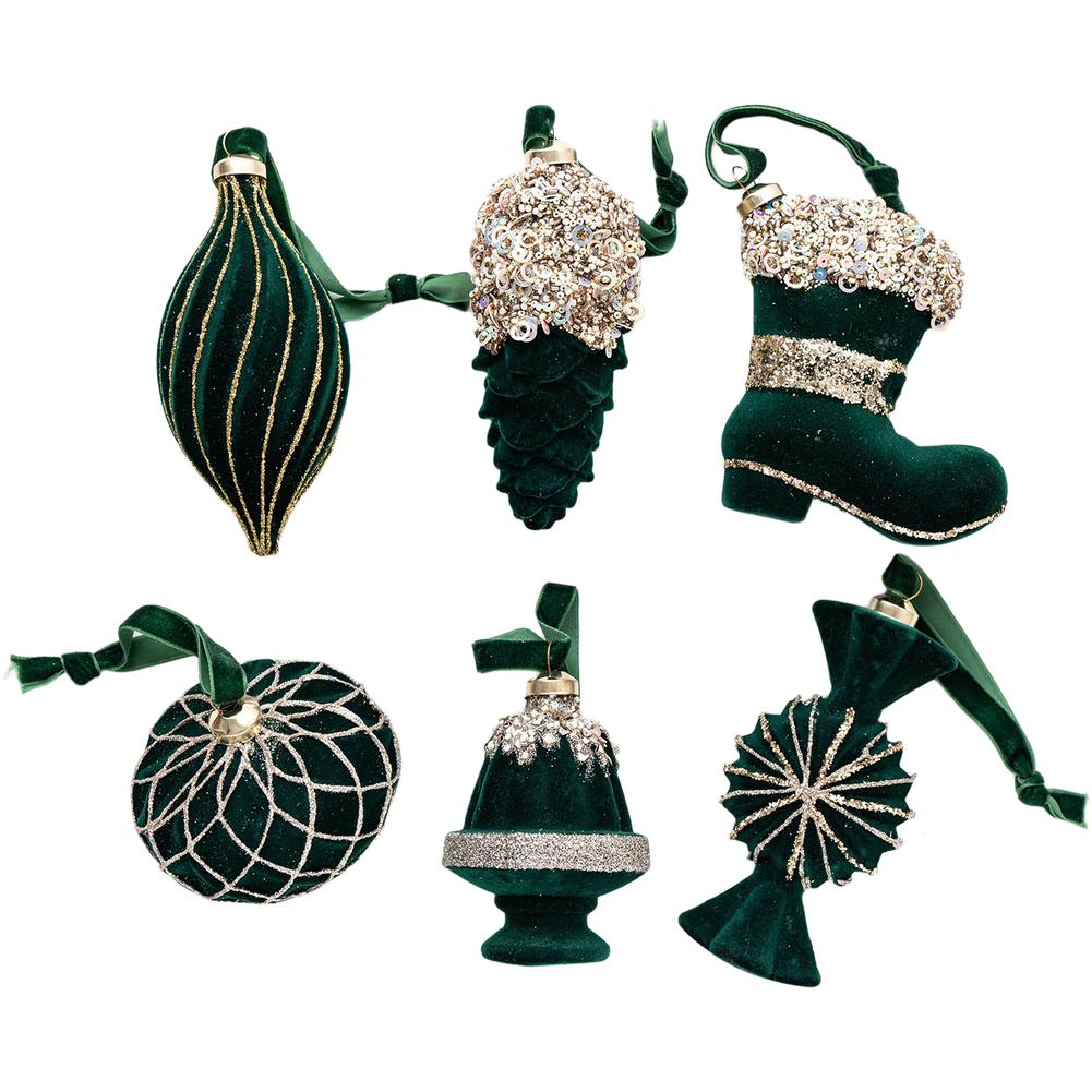 Christmas Tree Decorations Set of 6 with Flocked Texture Ornaments Designed for Window Display and Festive Seasonal Arrangements