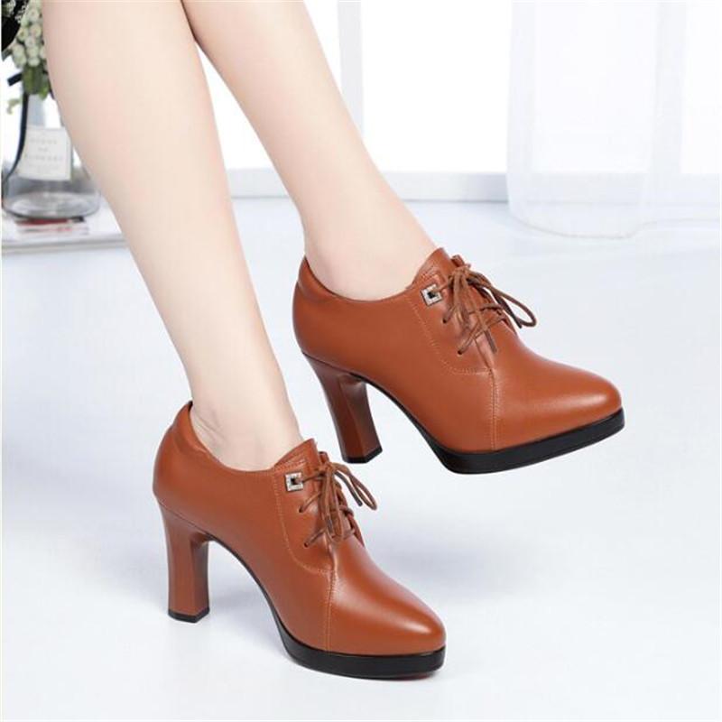 Fashion Deep Mouth Block Heels Platform Shoes Women Pumps 2025 Pointed Toe Ladies Leather Shoes Woman High Heel Office Shoes Black