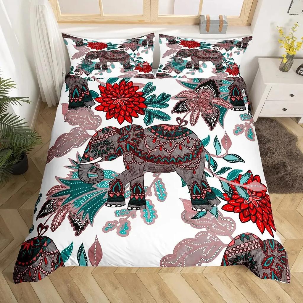 Elephant Duvet Cover Set Full,Boho Vintage Luxury Bedding Set Colorful Exotic Mandala Quilt Cover Tribal Ethnic Comforter Cover