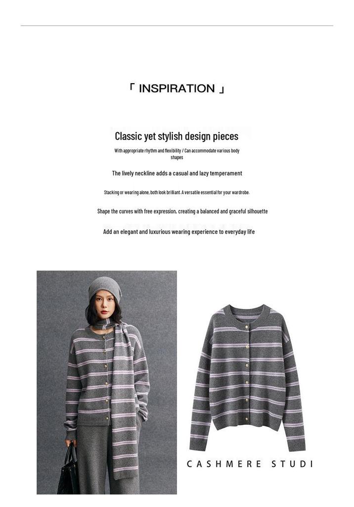 Women's Double Ply Cashmere Cardigan - Round Neck, Thickened Sweater Coat, Retro Casual Stripes, Color Block Design.