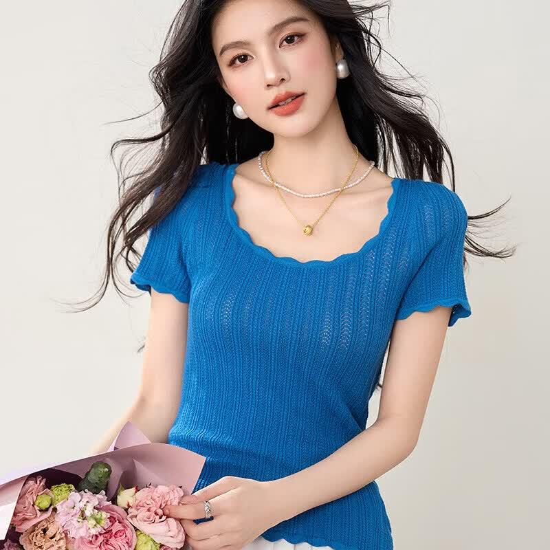 Klein Blue Lace U-Neck Knit Slim-Fit Top