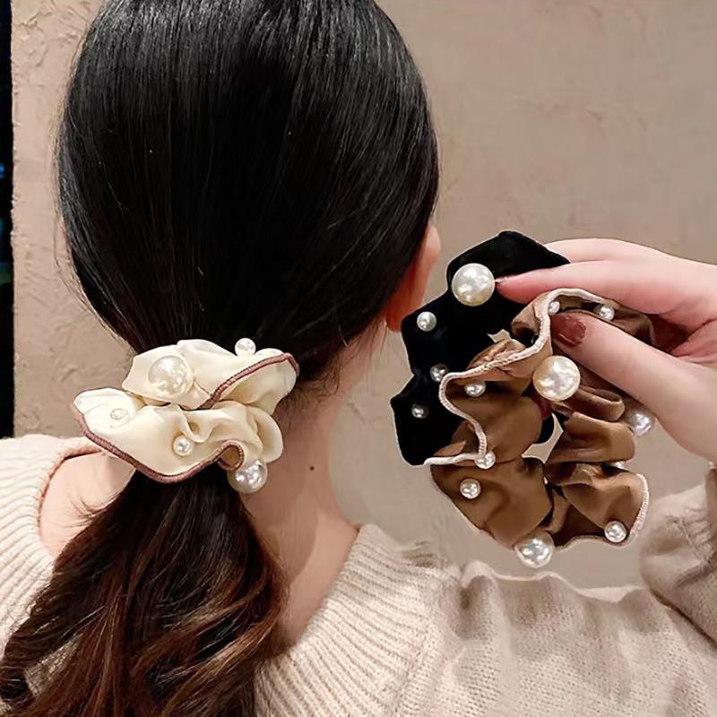 3Pcs Fashion Korean Style Version Pearl Headband Simple and Fashionable Fabric Colon Headband Sweet Ponytail Maruko Hair Rope