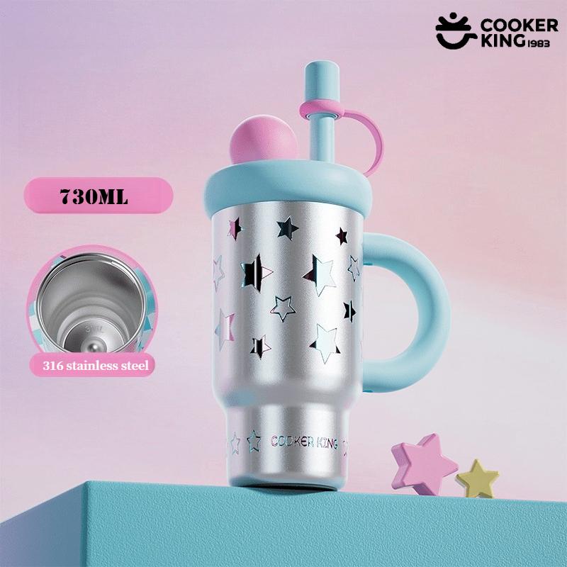 COOKER KING 730ML 316/304 Stainless Steel+PP Straw Insulation Cup Large Capacity with Handle Water Bottles for Women Coffee Mug 730ml