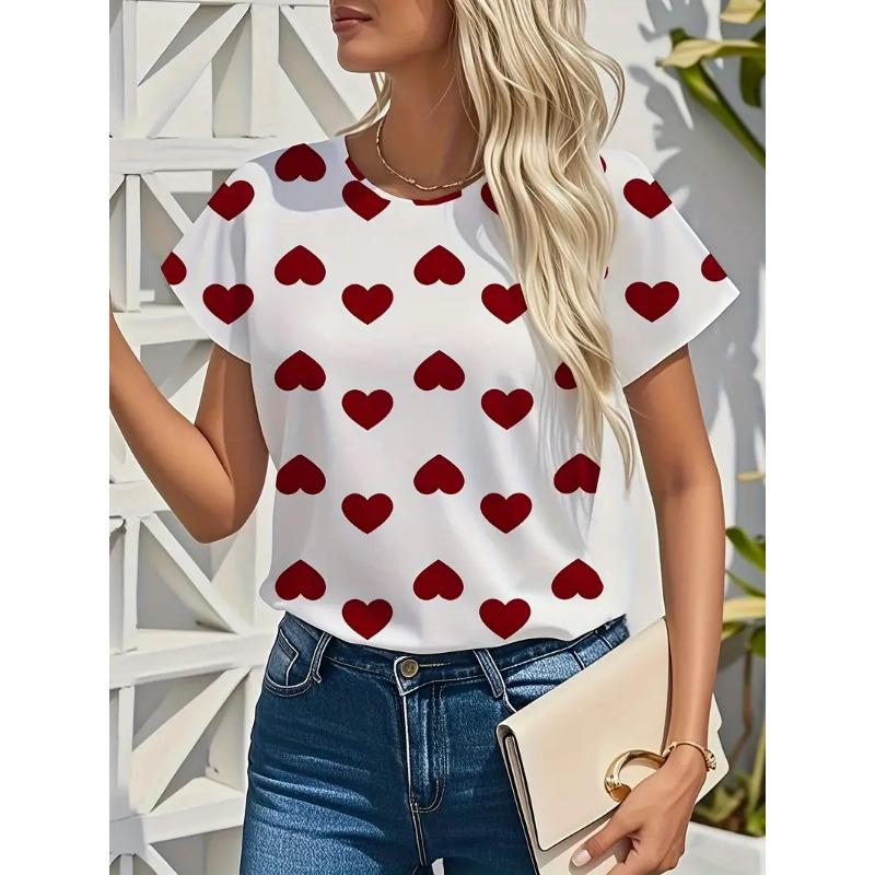 Dames Zomer T-shirt met Ronde Hals en Korte Mouwen met 3D Modieuze Liefdeshart Print Casual Top Machinewasbaar Geschikt voor Dagelijks Buiten Dragen