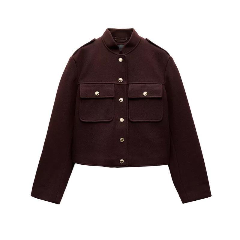 Autumn and Winter New Women clothes Navy Style Stand Collar Single-Breasted Soft Long sleeve Crop jacket Outerwear 3046292