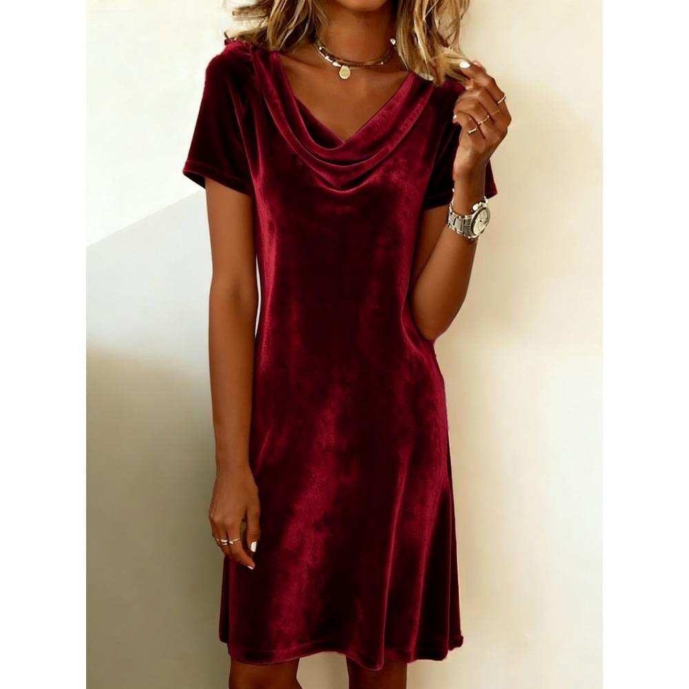 Spring Summer Fashion Women s New Solid Color Dress Swing Neck Short Sleeve Sexy Velvet Dress Simple Fashion Dress S