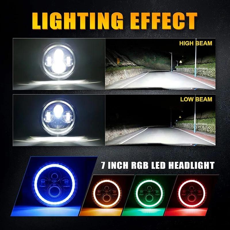 7 Inch Angel Eyes LED Headlight Round H13 H4 LED Lamp with High/Low Beam and DRL 6000K Colorful Angle Eye Light