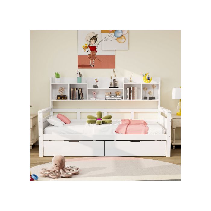 Canapé-lit - MUVOE - 90x200 cm - Bois massif - Blanc - Avec tiroirs et étagères