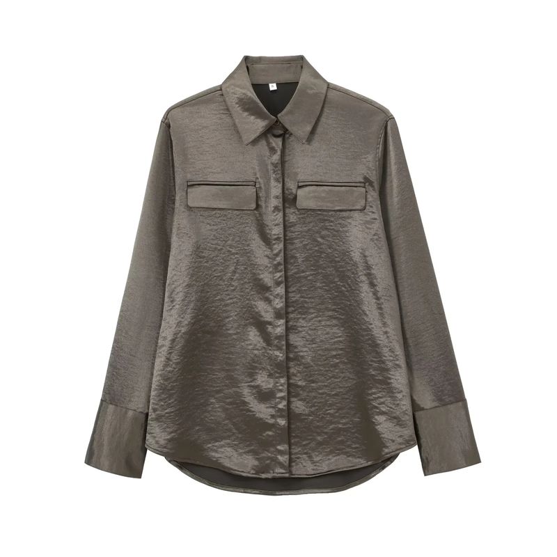 

Fall and Winter New Women s Clothing Fashion Style Loose Lapels Pocket Silk Satin Texture Long Sleeves Shirt 8987213 Card Green M