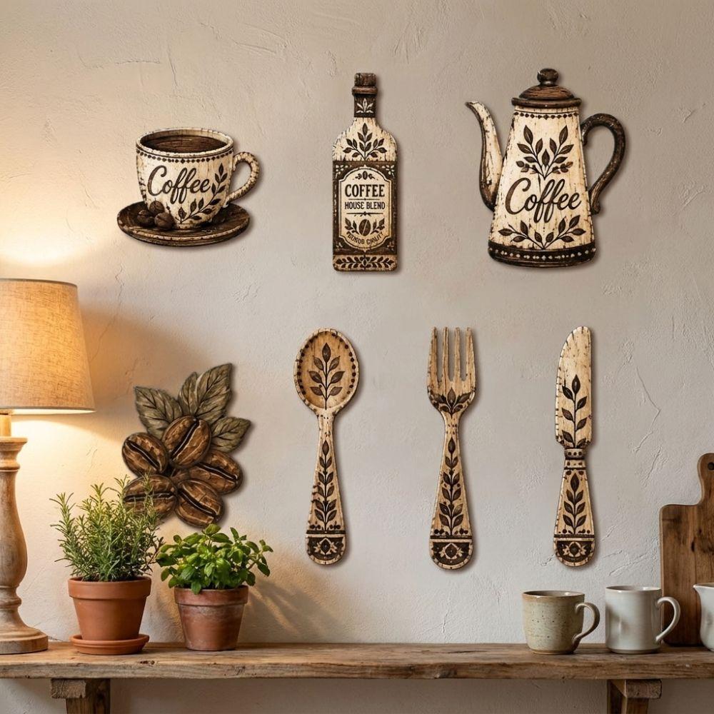 7Pcs Coffee Themed Coffee Utensil Wooden Ornament Vintage Dining Room Wall Decor Set  Bar