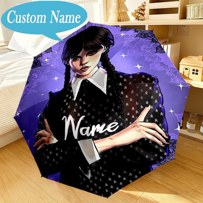 Custom Name Wednesday Umbrella Folding Umbrella, Automatic Umbrella 8-Frame for Travel, Casual Lightweight Birthday Christmas gift