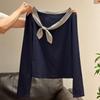 Navy Blue Rabbit Ear Tie Long Sleeve T-Shirt for Female Students - Versatile Early Autumn Uniform Top