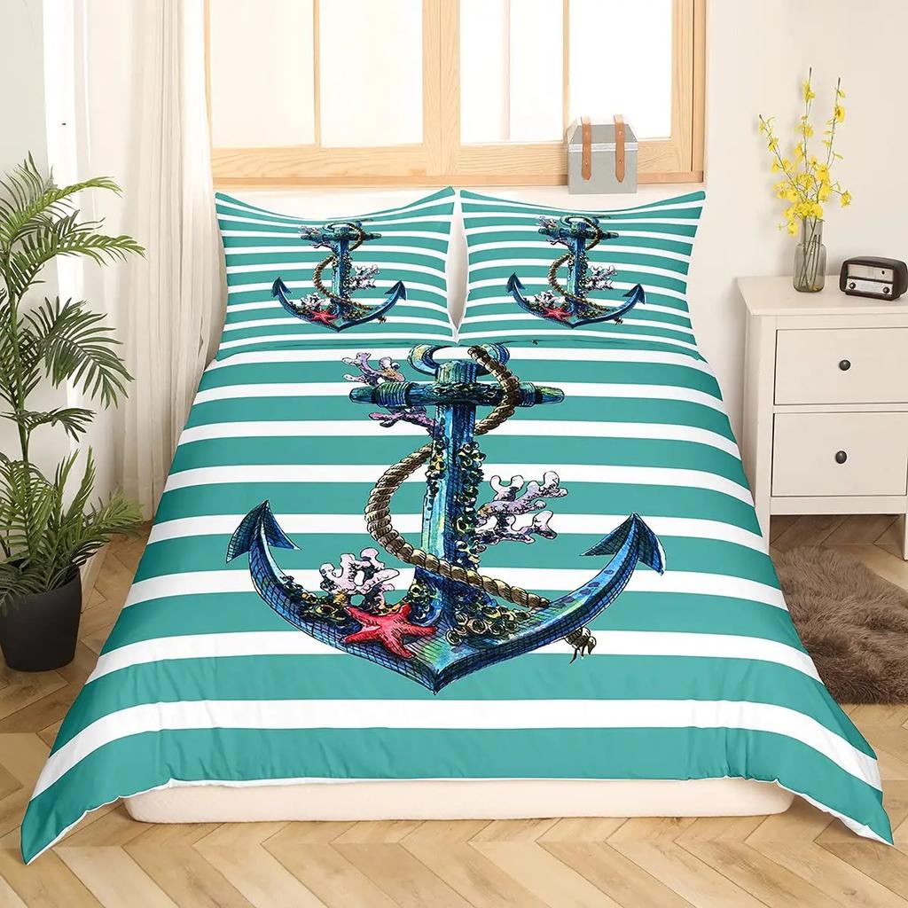 Comforter Anchor Nautical Steamboat Bedding Set Ocean Coastal Theme Blue And White Strip For Kids Adults King Size