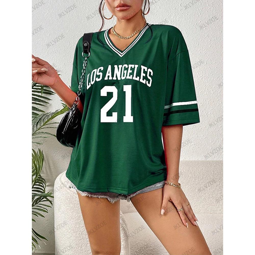 Nuova T-Shirt Stampata Los Angeles N.21 da Donna Estate Scollo a V Manica Corta Sportiva Maglia da Calcio Y2K Top Larghi Oversize