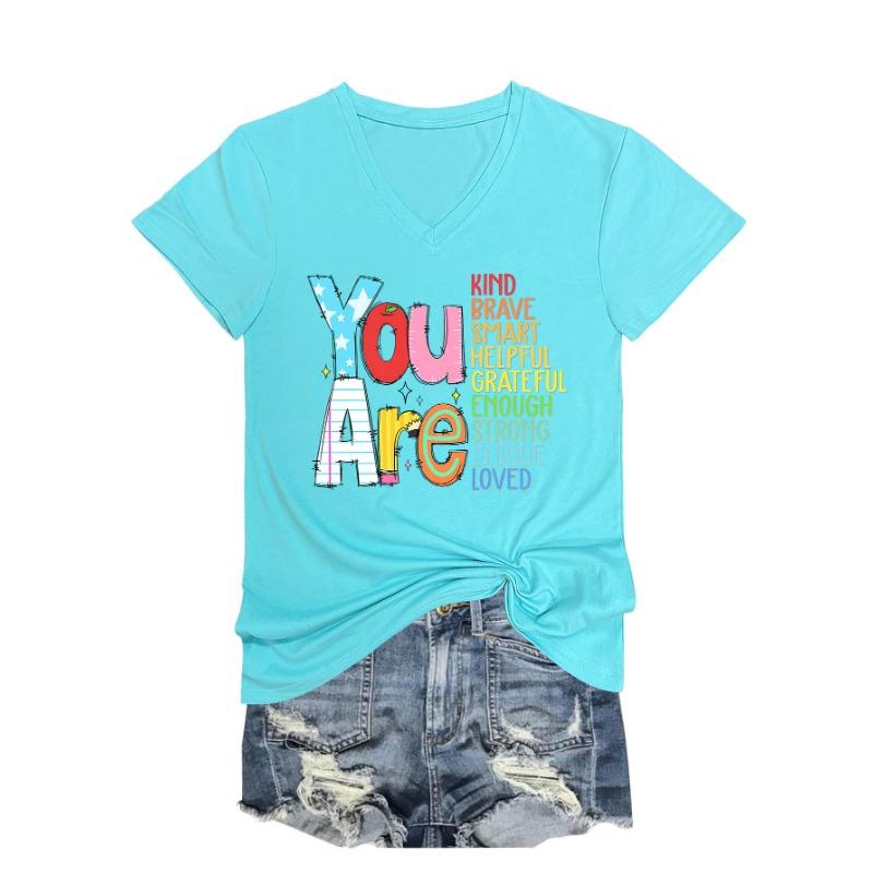Summer V-neck Inspirational Text Printed Top Fashionable Casual Short Sleeved Women's T-shirts