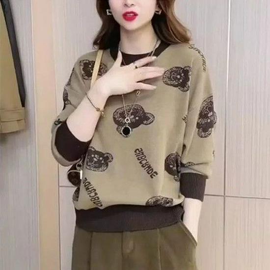 Women's Plush Little Bear Printed Base Layer Top - Warm, Loose, Plus Size, Autumn/Winter Style