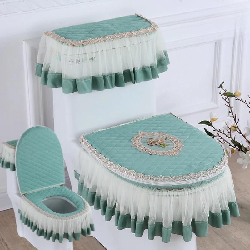 Tuvalet Minderi 3 Parça Set Dantel Ayrılabilir Tuvalet Kapağı Kumaş tozluk Klozet Minderi Ev Dekorasyon Tuvalet Kapağı