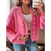 Women's V‑Neck Pearl Button Long Sleeve Knit Cardigan Loose Casual Cropped Sweater Jacket