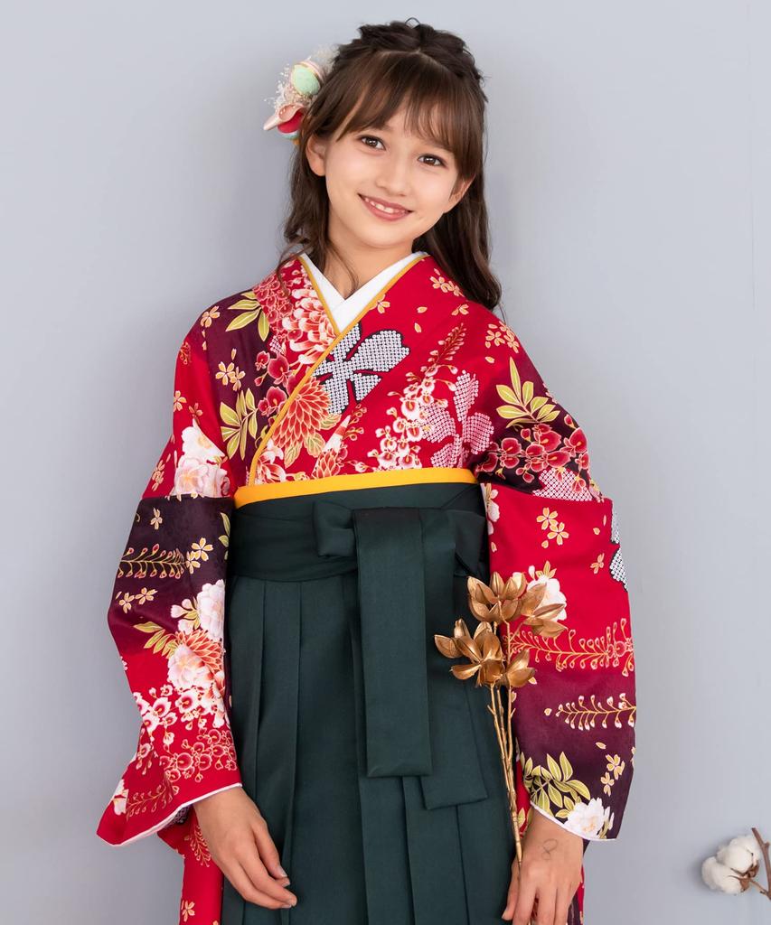 Hakama für die Abschlussfeier, einfach anzuziehen, Hakama mit niedriger Taille für Grundschulmädchen, Scarlet [KYOETSU], 5-teilig (Kimono, Hakama,