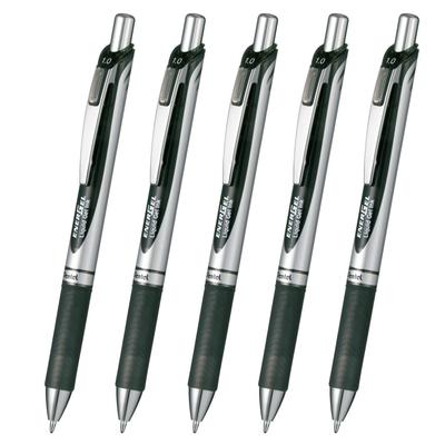 Pentel Energel Gel Ink Ballpoint Knock Silver 5 Pens Pen, Type, 1.0mm, Barrel, XBL80-A, Black,