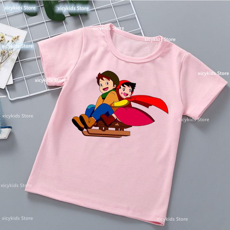 Kawaii Girls T-Shirt Funny Heidi And Family Cartoon Print Kids Summer Shirt Tops Fashion Girls Clothes Cute Kids Clothes Tshirt