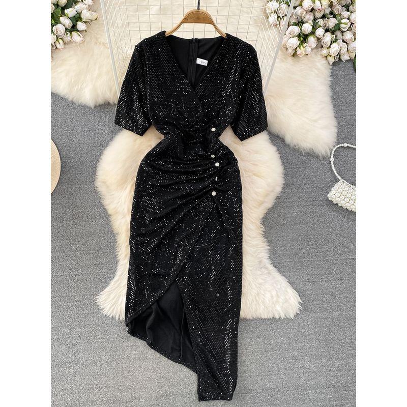 Ruched Women's Bright Silk Irregular Dress Short Sleeve