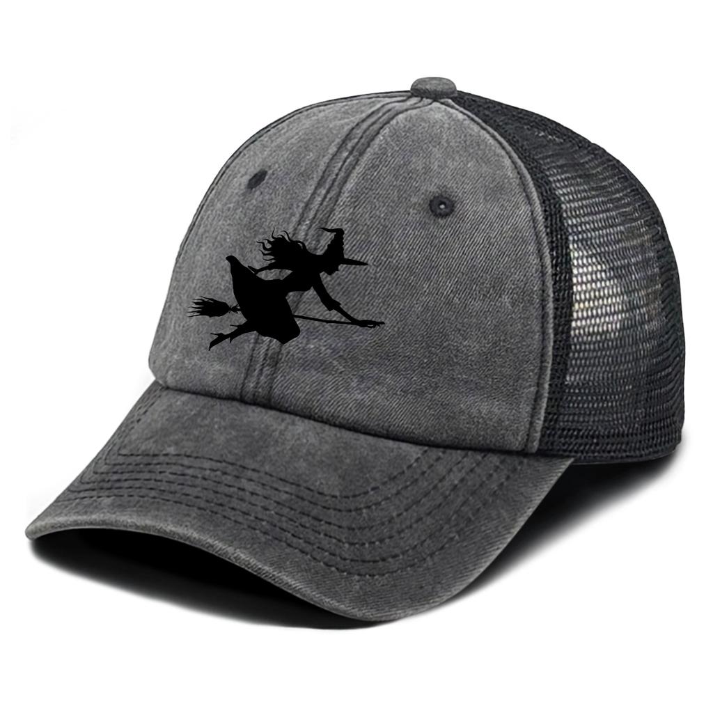 Black Witch Broom Printed Mesh Cap Adjustable Lightweight Baseball Cap Stylish Casual Hat For Unisex Women Hiking Tennis Daily