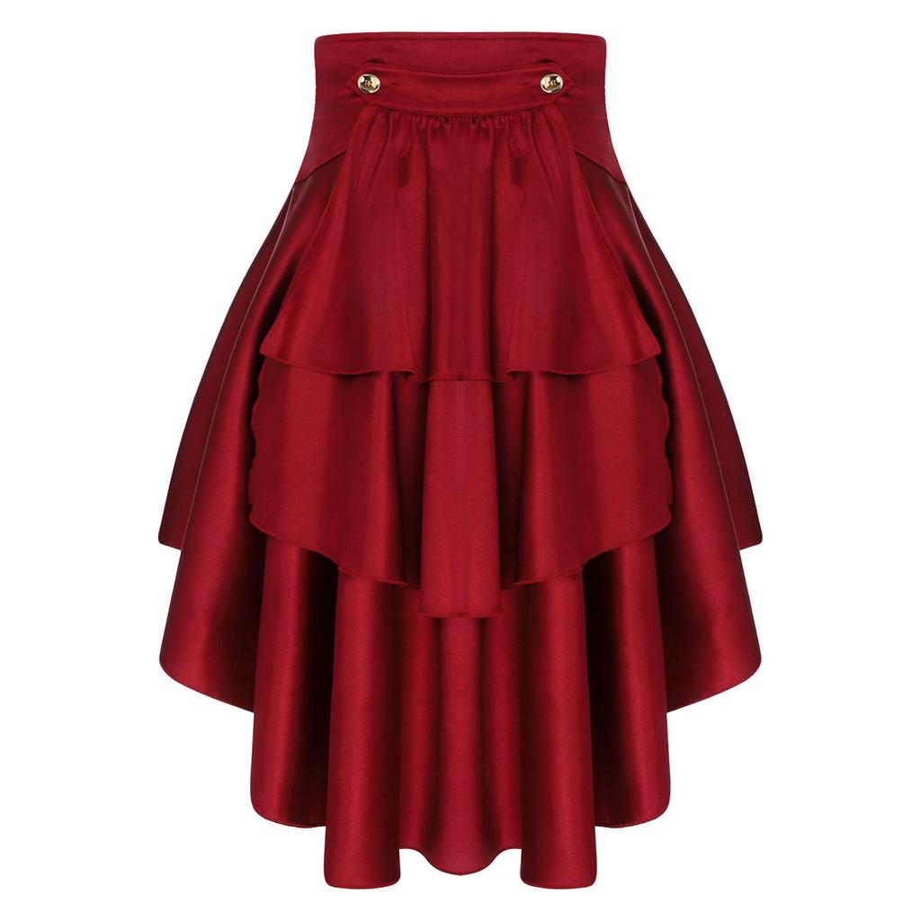 S-3XL Womens Gothic Steanpunk Satiny Skirt Front Eyelets Lace-up High-low Hem Tiered Ruffled Irregular Hem Skirt Waist Belt