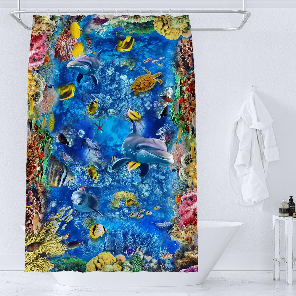 36X72 Inch Dolphin Shower Curtains Underwater World Marine Life Fabric Bath Curtain Kids Ocean Theme Bathroom Decor With Hooks