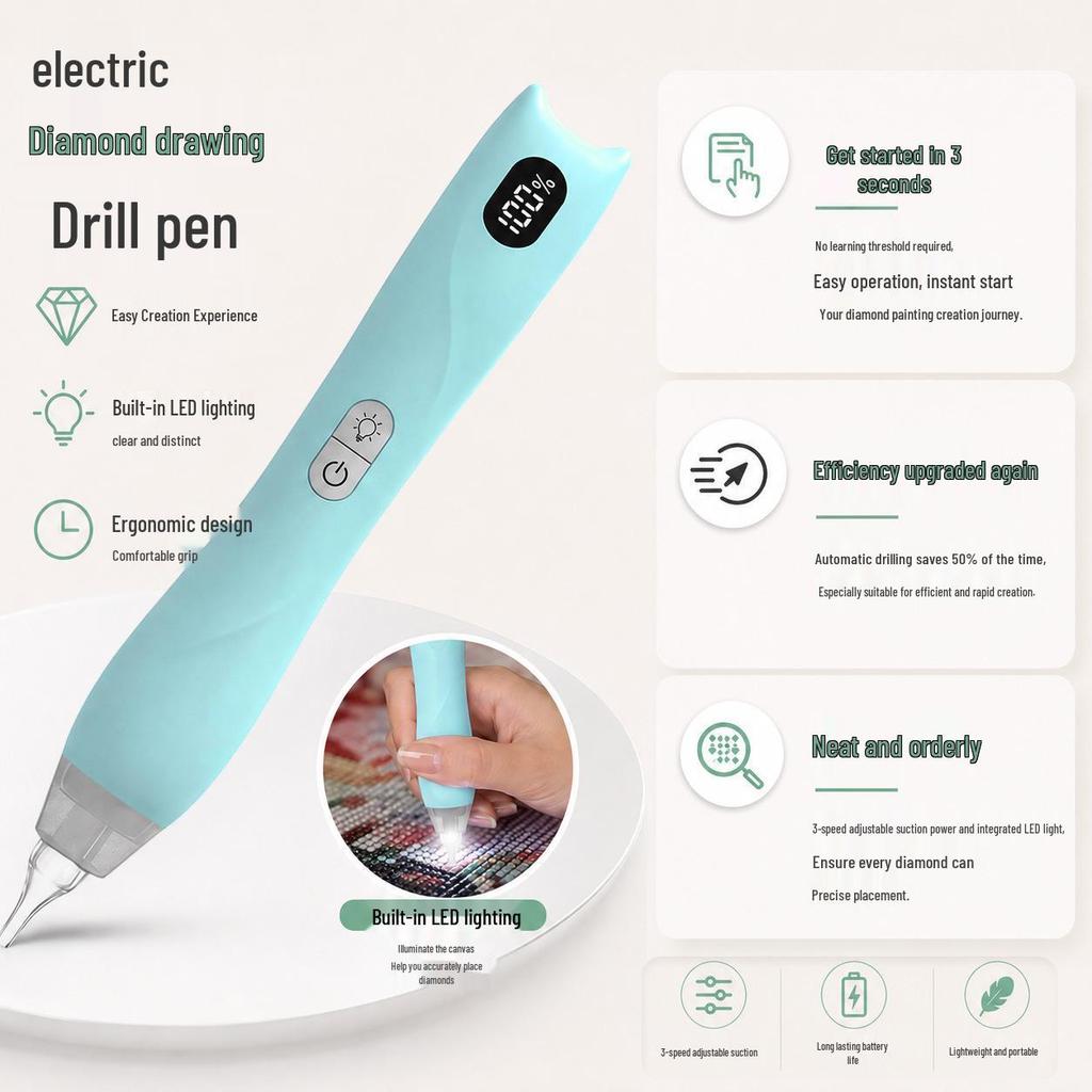 Cordless LED Electric Diamond Painting Pen - Low Noise, Auto Suction, Handheld Dotting Tool