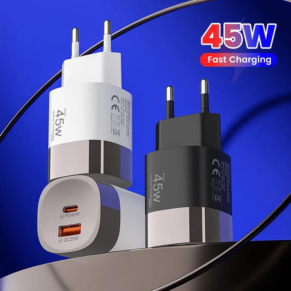 Carregador de Celular 45W USB Tipo C Carga Super Rápida 2 Portas Carregador de Parede Adaptador USB PD Para iPhone Realme Huawei USB C carregador