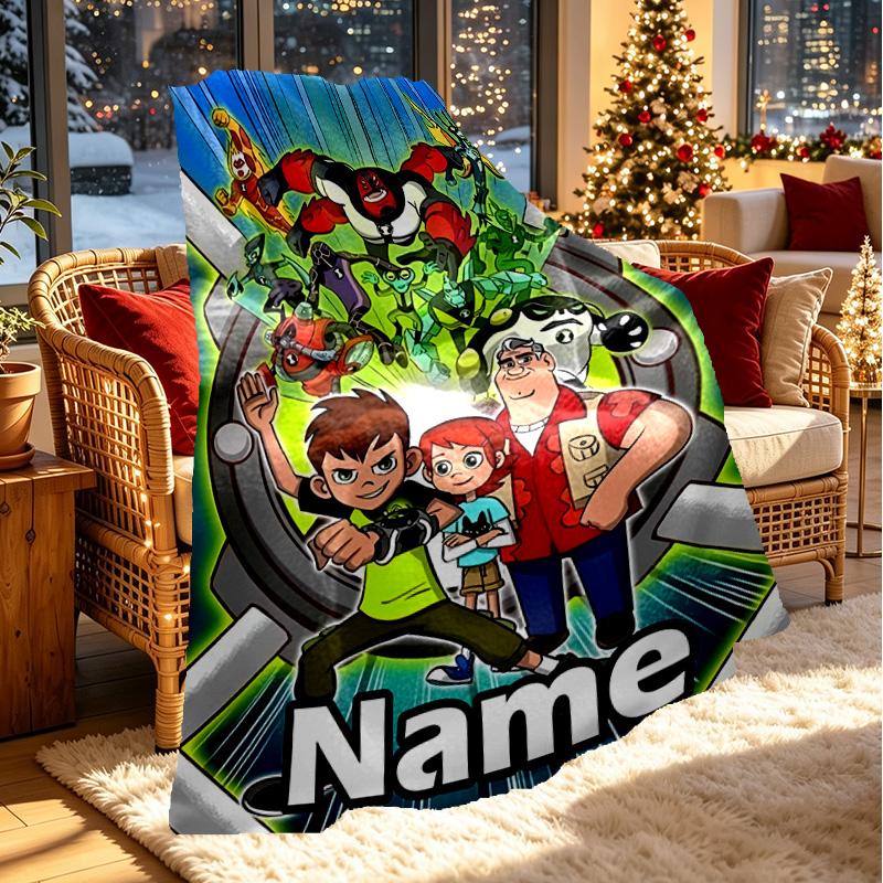 Custom Name Personalized Ben 10 Cartoon Print Blanket, Home Decor, Bedroom, Sofa, Camping, Couch, Gifts for Birthday ChristmasEnthusiasts
