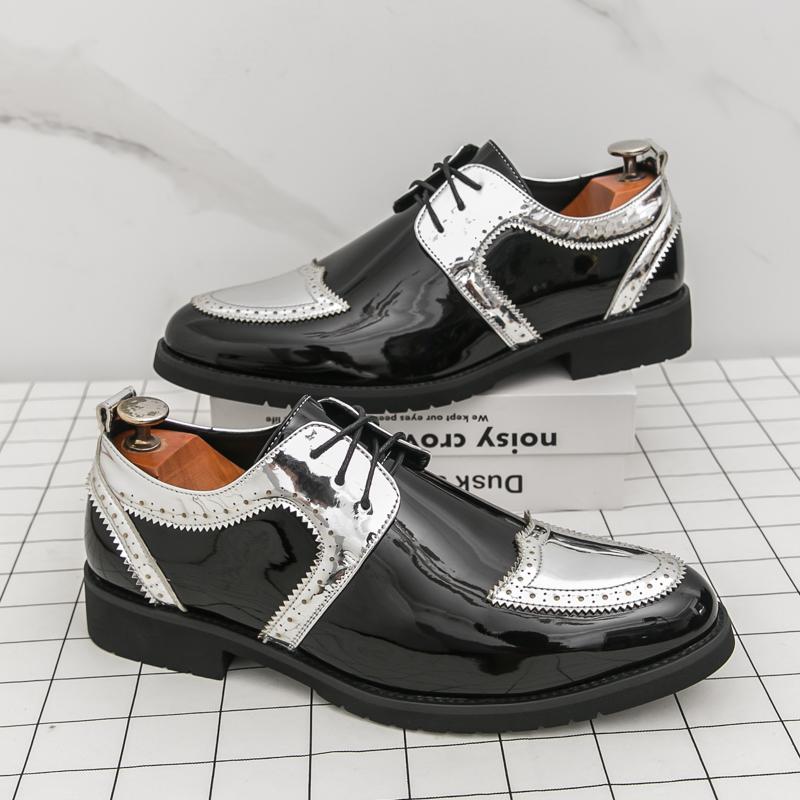 Luxury New Designer Men's Gold Silve Mixed Color Lace Up Fashion Patent Leather Shoes Formal Wedding Dress Homecoming Footwear