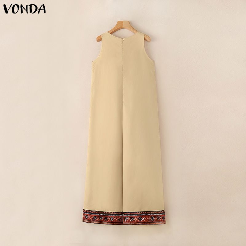 VONDA Women Summer Sleeveless Print Hem Casual Long Holiday Jumpsuits Overalls