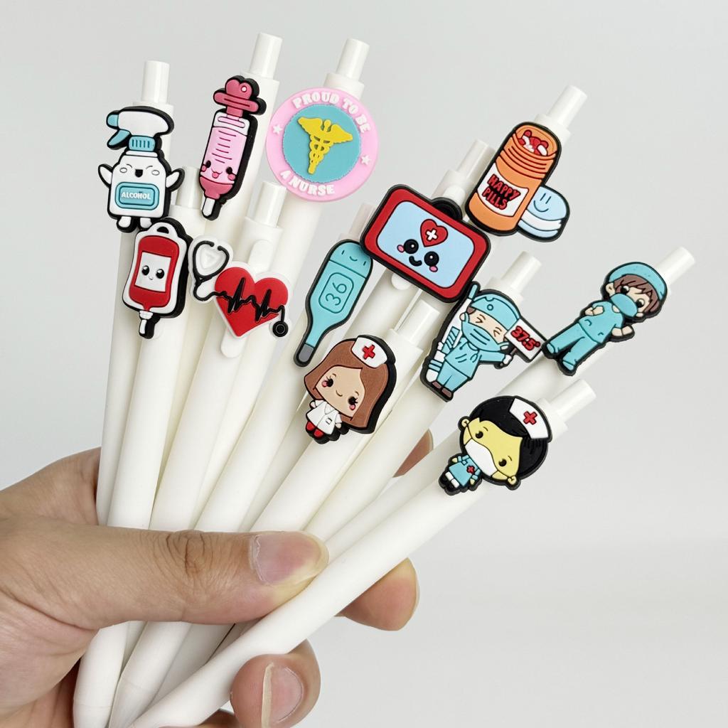 10Pcs Nurse Doctor Theme PVC Soft Gel Pen - Assorted Medical Cartoon Designs, Durable Plastic Pens for Office & Hospital Use - Fun Gift for Healthcare