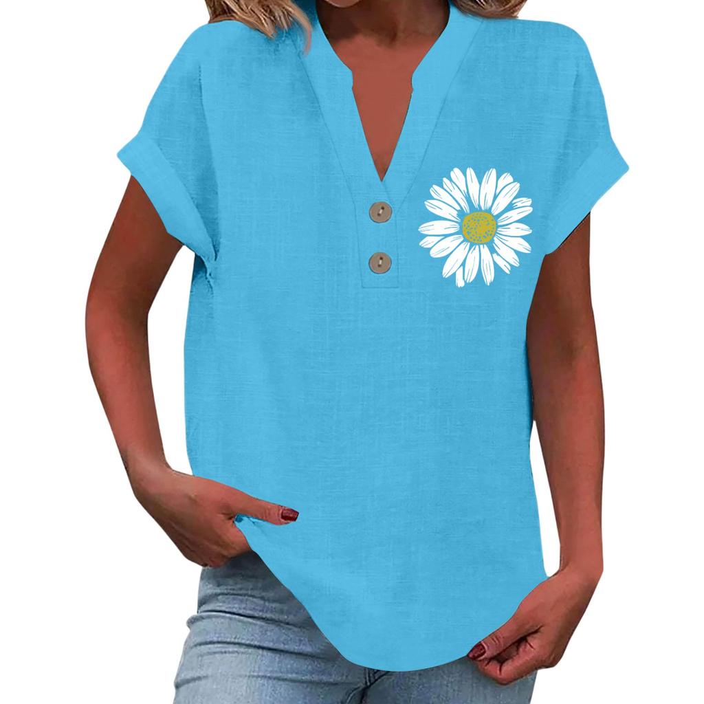 Ladies Casual Fashion V-Neck Button Floral Print Short Sleeve Top