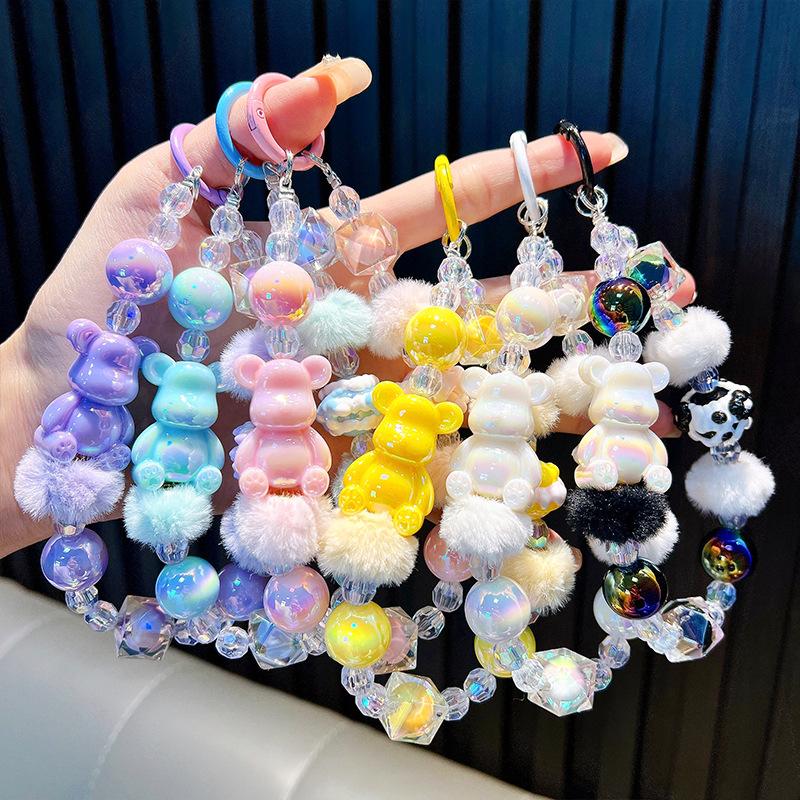 

New Bear Hair Ball Beaded Phone Chain Keychain Exquisite Bag Pendant Car Keychain Small Gift чорний