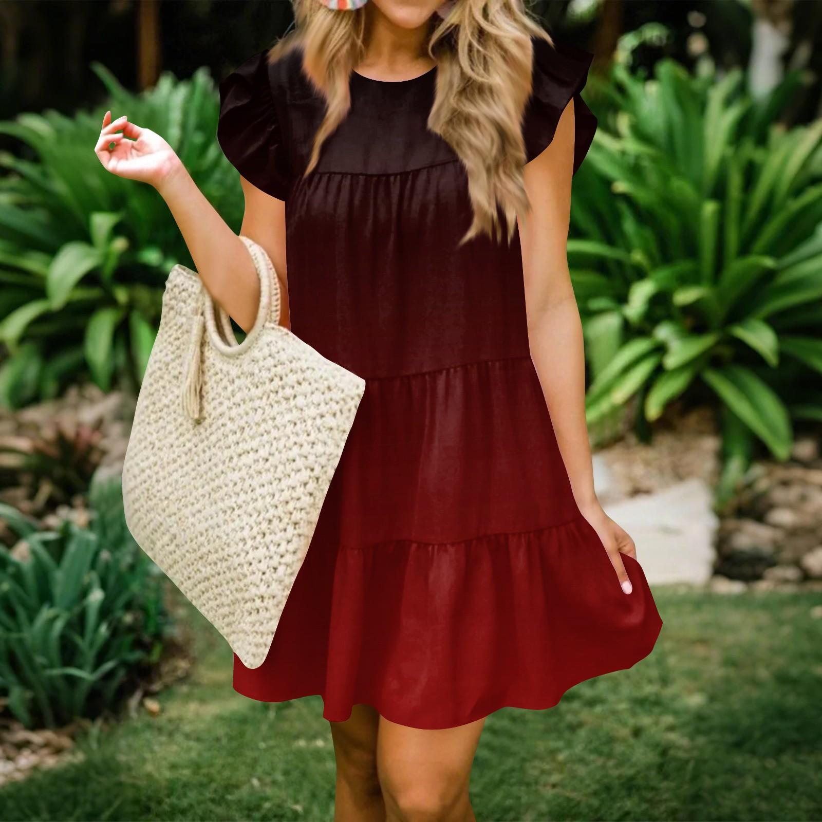 

Женская мода лето повседневный О-образный вырез рукав оборки без рукавов струящаяся короткая туника платье L винный