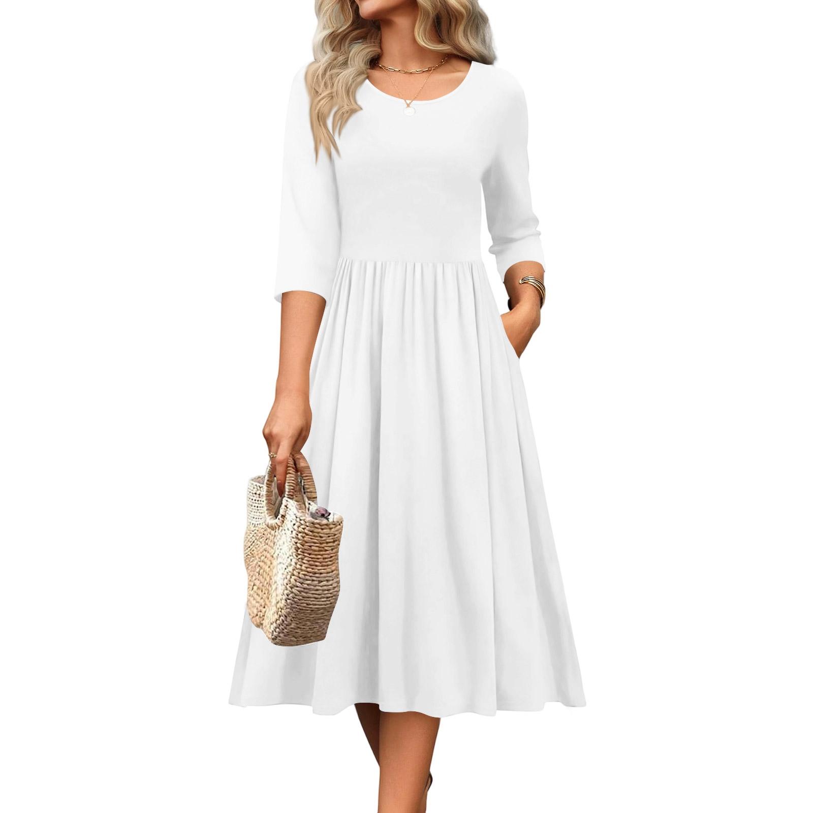

3/4 Sleeve Women s Dress Casual Flowy A-Line Midi Tshirt Dresses With Pockets Crewneck Vocation Boho Beach Sundress XL білий