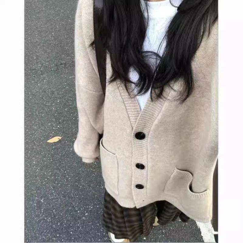 Soft Waxy V-neck Long-sleeved Lazy Sweater Jacket for Women's Autumn and Winter Loose Feeling Casual Outer Wear Knitted Cardigan for Women