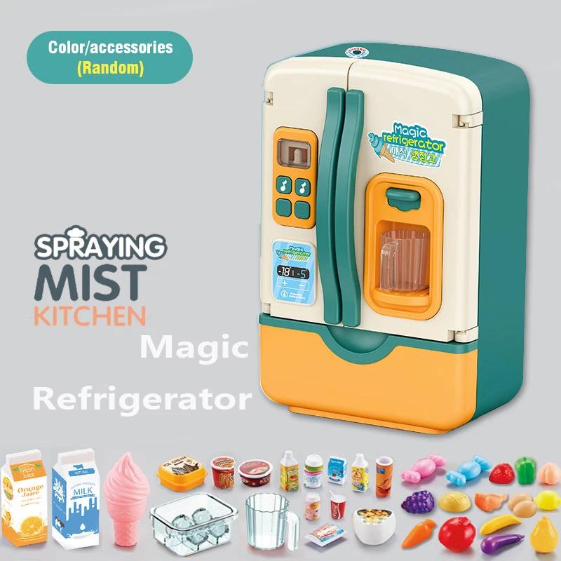Non-Toxic Children Play House Toy Simulation Electric Refrigerator Kitchen Pretend Play Game With Light Spray Toys For Children Christmas Gift