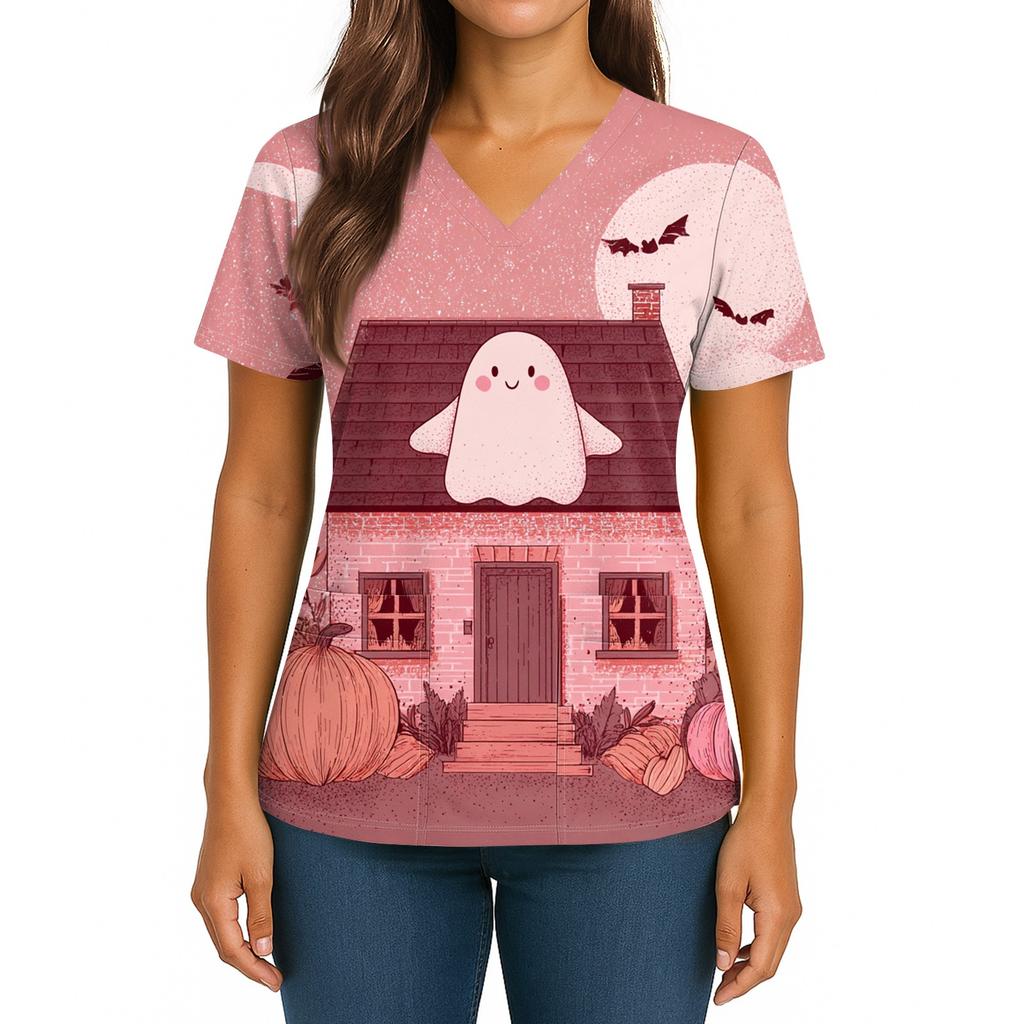 Women's Halloween Printed V-Neck Double Pocket Short Sleeves Hem Slit Uniform Caregiver Top