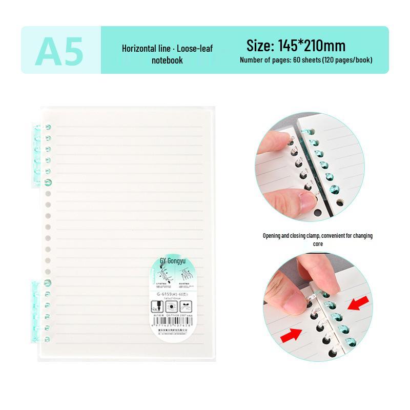 

Simple Six-Ring Loose-Leaf Notebook with Transparent PP Cover, 60 Sheets, Assorted Inner Pages