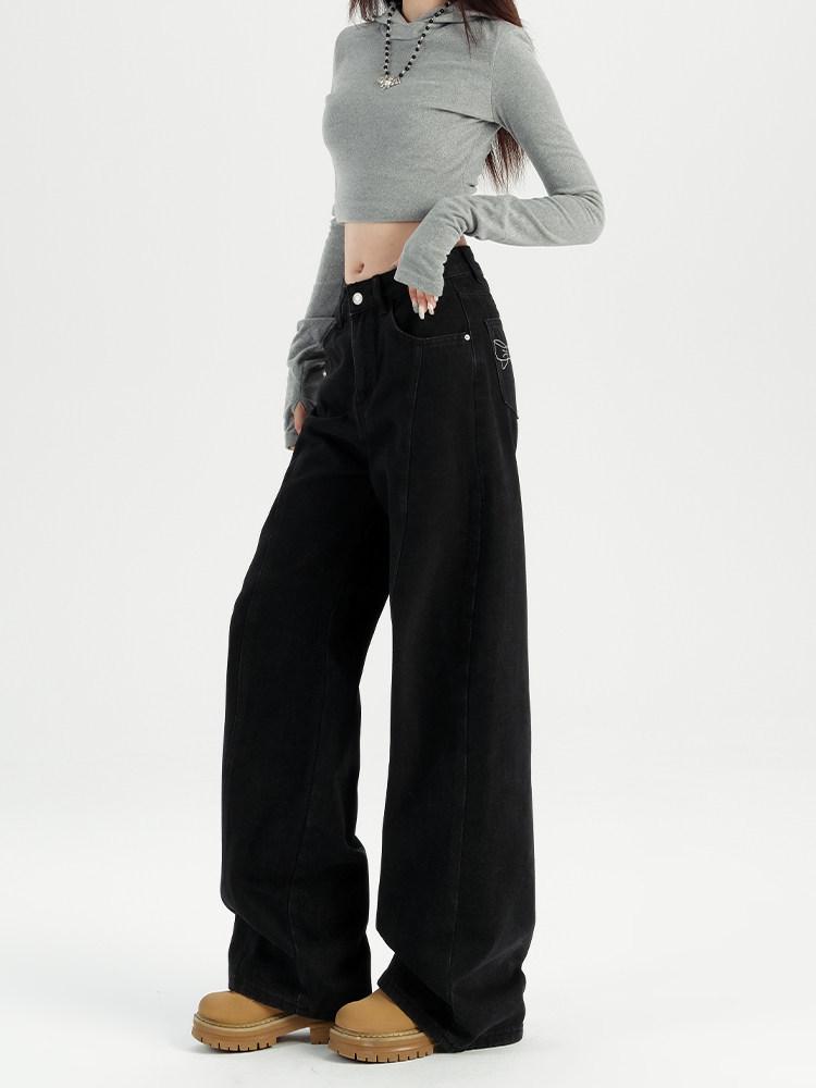 

Women s Black Velvet High-Waisted Wide-Leg Jeans - Drapey, Loose Straight Leg for Autumn/Winter 2026 S [42-47 kg]