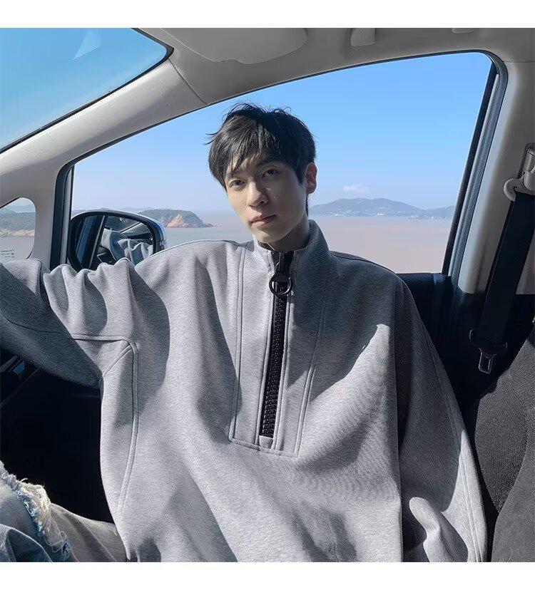 Herren Dekonstruierter Halbreißverschluss Schwerer Hoodie - Herbst/Winter Trend, Lockerer Nischen-Design Freizeitpullover